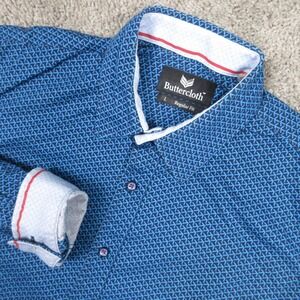 Buttercloth Shirt Mens Large Blue Geometric Flip Cuff Regular Fit Button Up